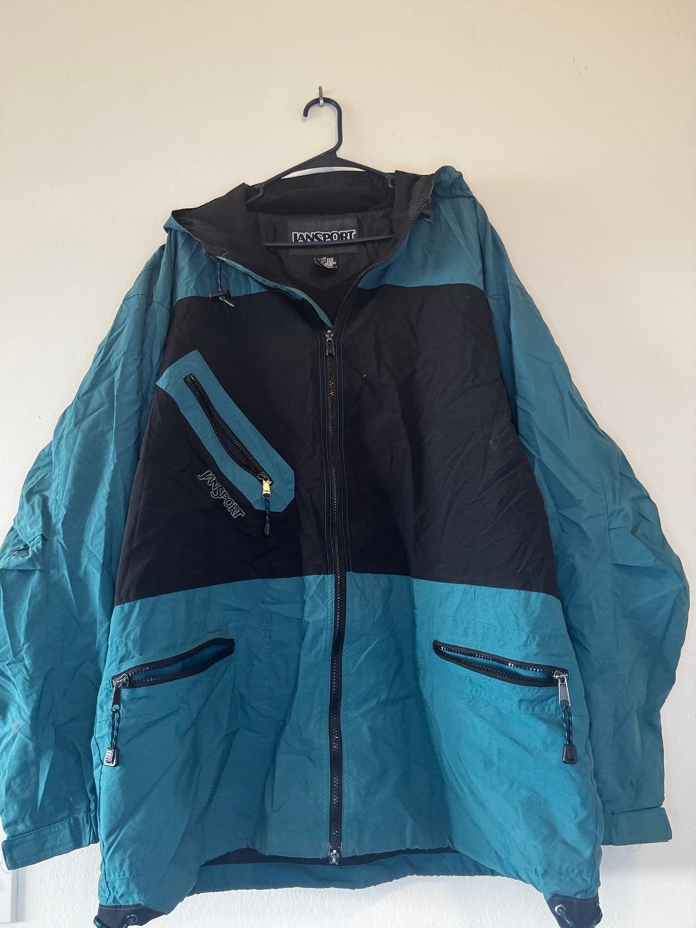 Jansport Teal/Black Colorblock Hooded Windbreaker (XL)